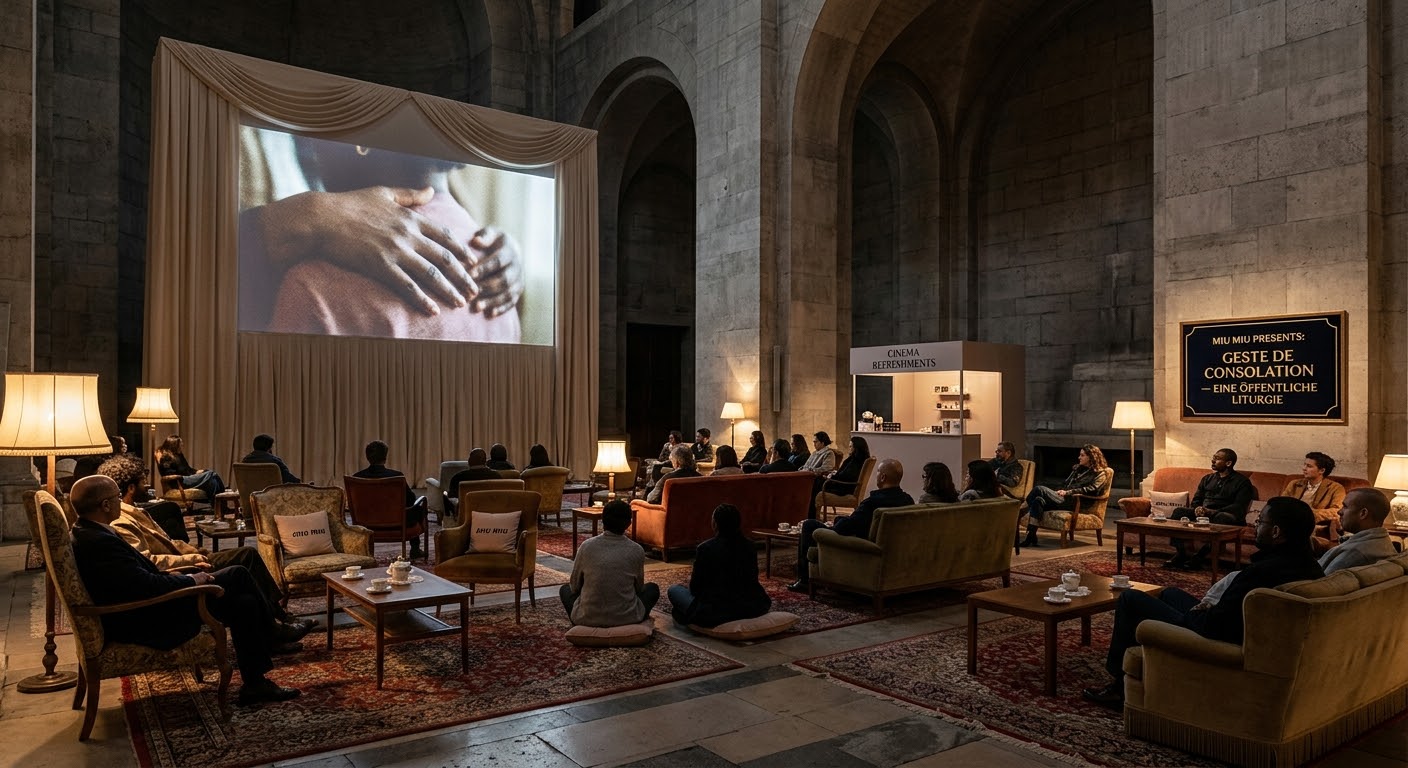 Gestellte Wohnzimmereinrichtung und Zwei‑Bild‑Videokammer in der Betonnave des Palais d’Iéna, mit Bronze‑Sentinel am Ende des Wegs.