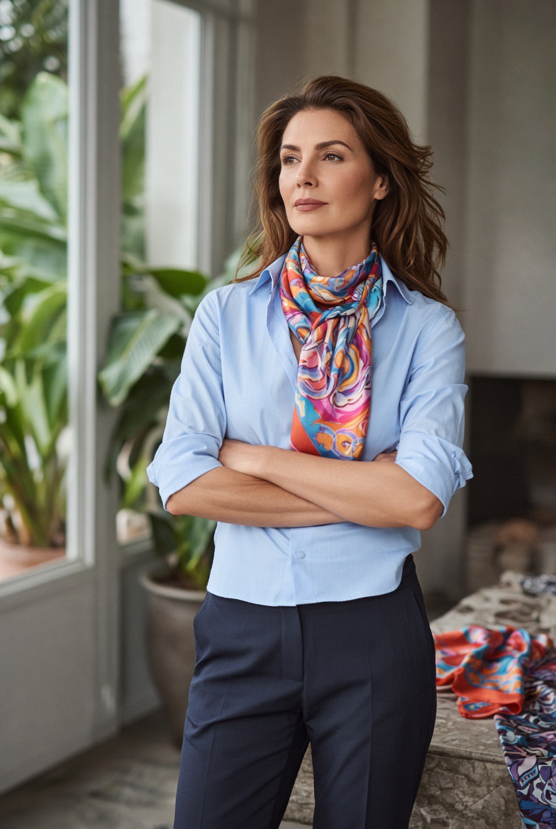 Pucci‑Atelier in Florenz: Miceli‑Printkleid neben Ledertote‑Prototyp auf Arbeitstisch