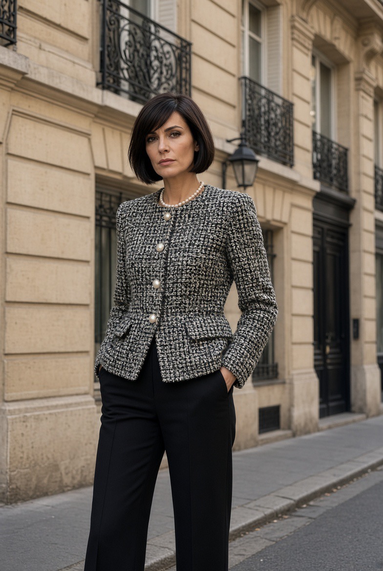 Chanel‑Atelier mit Werkbank und einem Salonbereich für Kundentermine