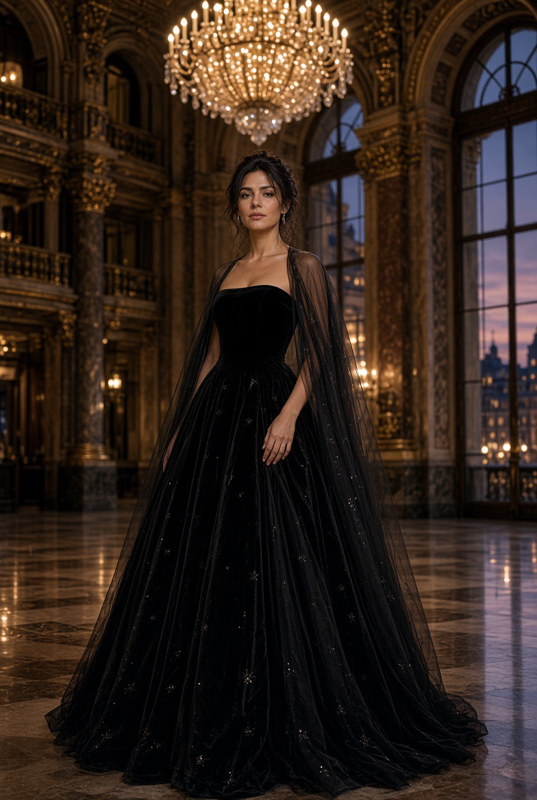 Givenchy‑Samtkleid mit Cape auf einer Büste in einer Landhaus‑Ausstellungsvitrine.