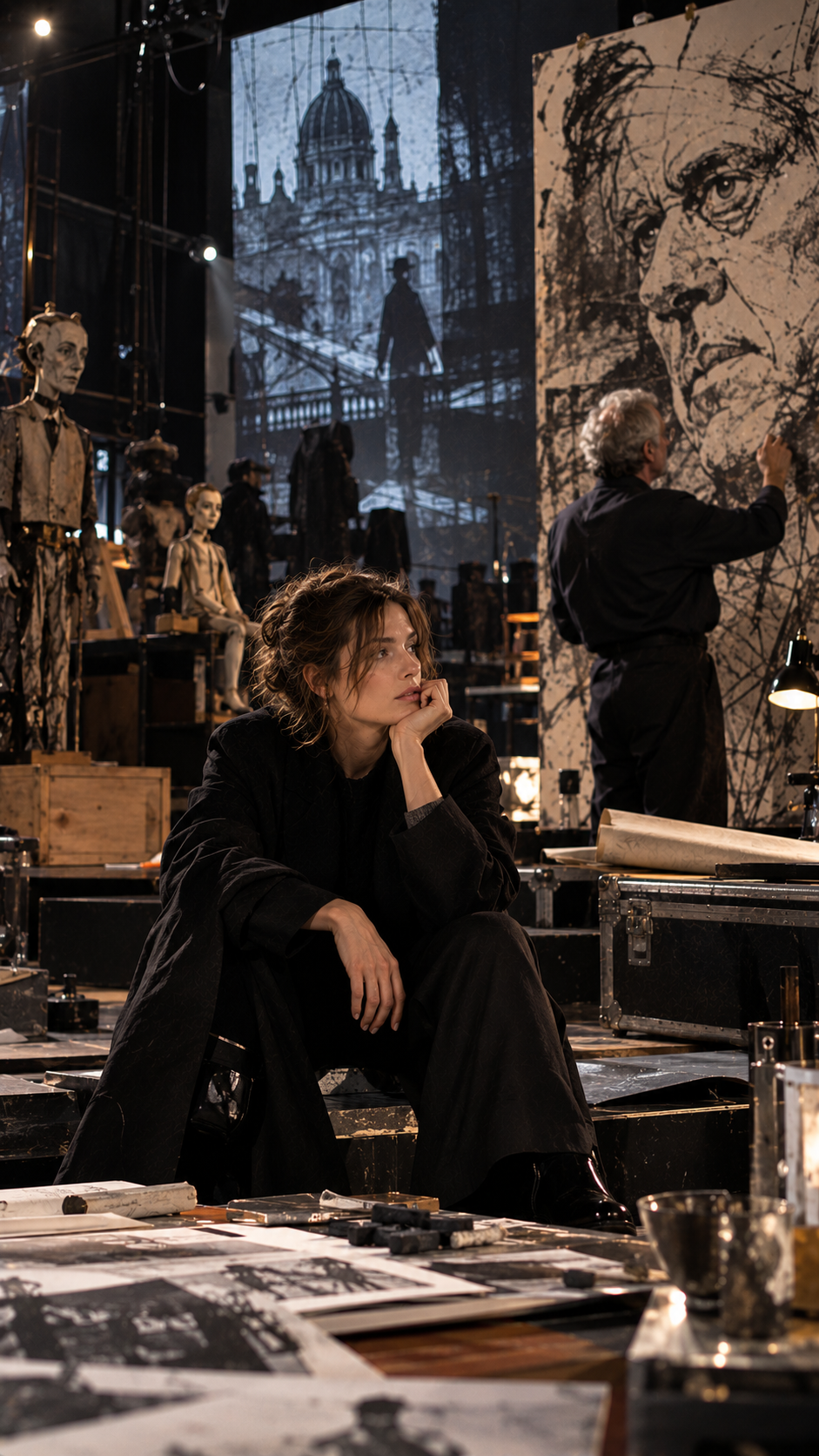 Goodman Gallery Vorschau: projizierter Stop‑Motion‑Film, Kohlezeichnungen mit sichtbarer Radierung und Besucher in Nähe