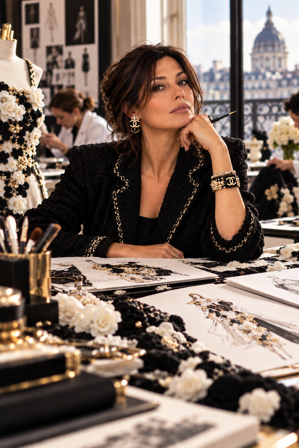 Lucia Pieroni trägt cremigen Rouge mit breitem Pinsel auf die Wange einer Modellperson in ihrem Atelier auf; Paletten und Skizzen liegen auf dem Tisch.