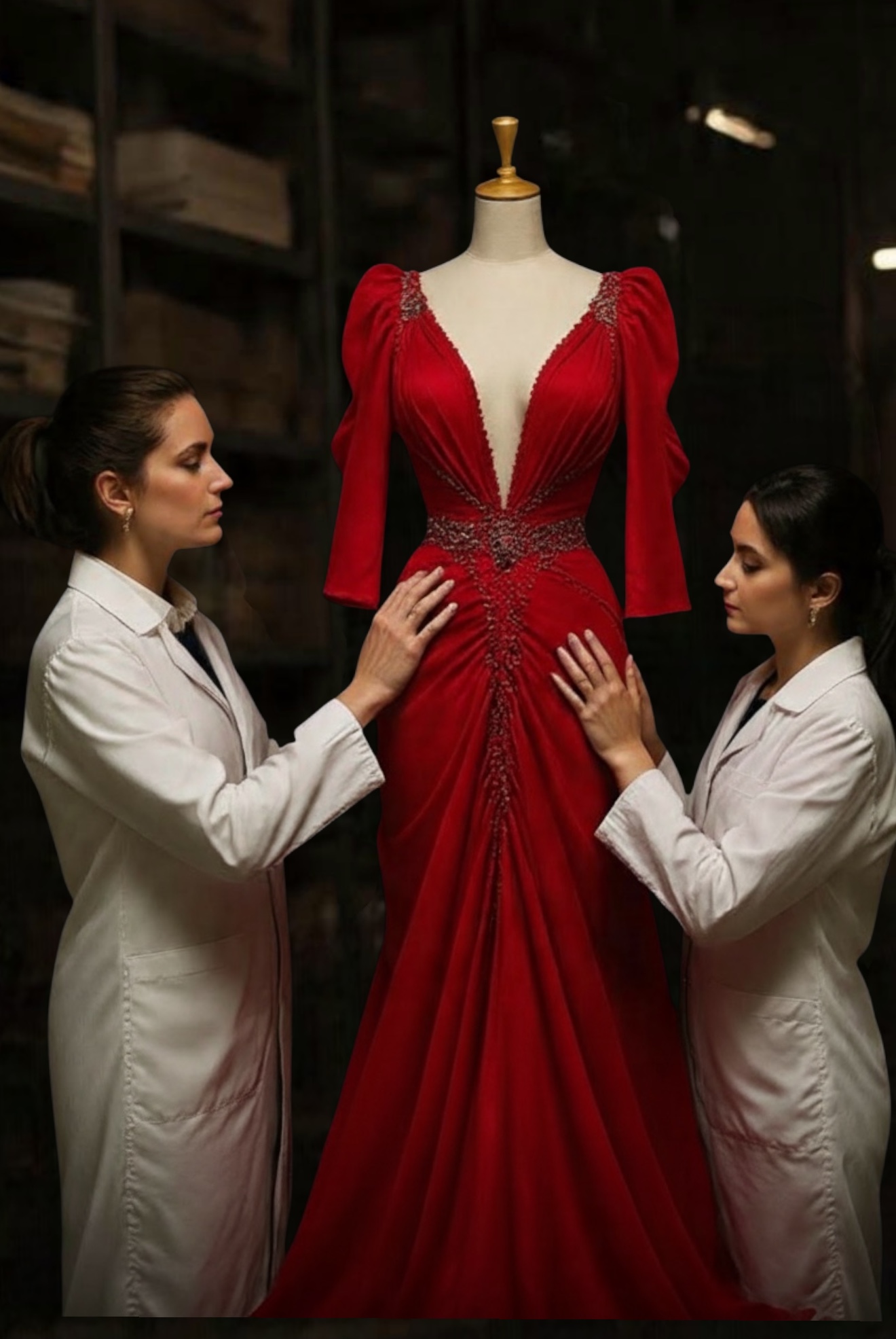 Konservatorin hebt ein Kleid an gepolstertem Bügel in einem Museumsdepot