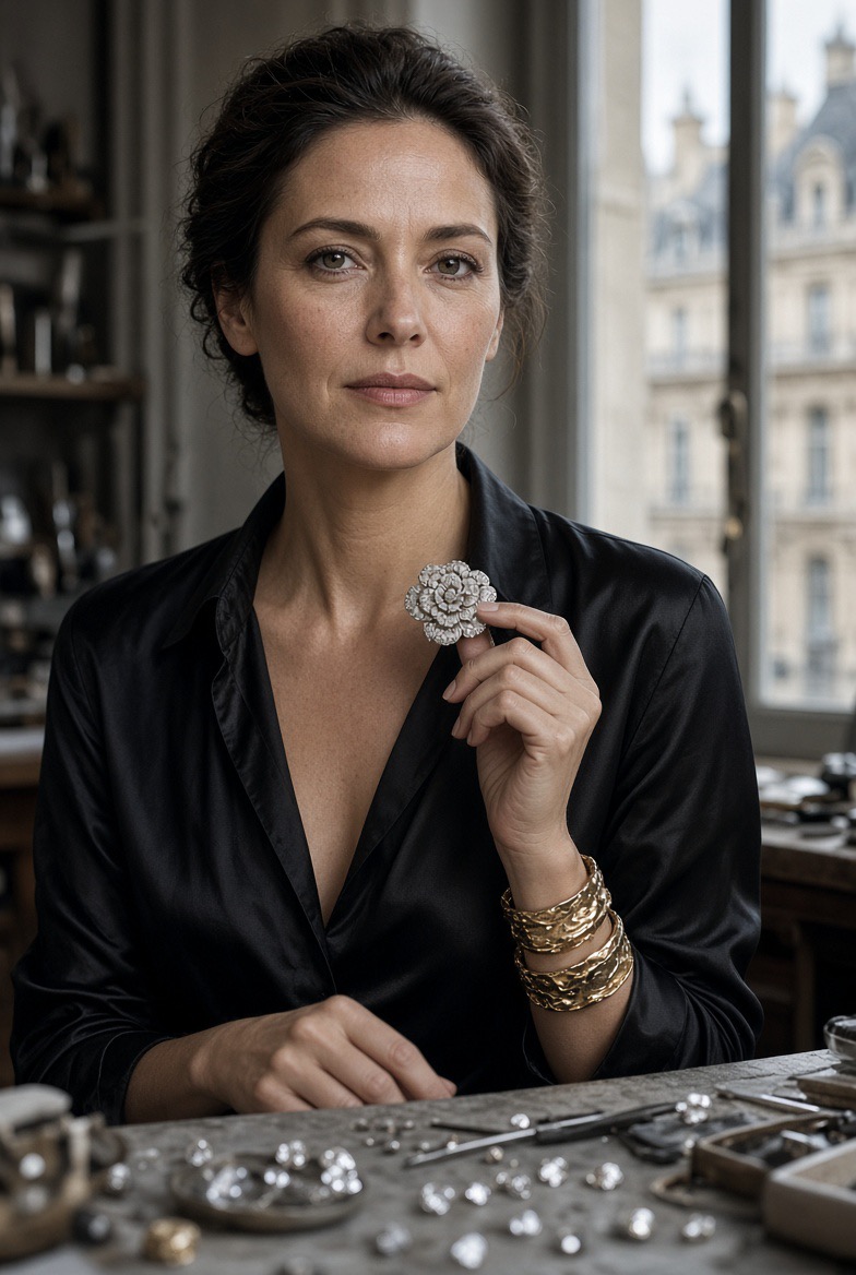 Chanel jewellery studio at Place Vendôme with sketches, gemstones and designer at work