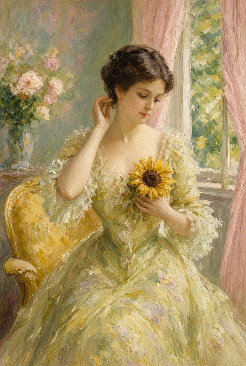 Gestylte Fotovignette: Modell in celadonfarbenem Abendkleid auf Chaiselongue vor pastellgrüner Wand, Textilien und Drucke, die Cassatts Palette zitieren.
