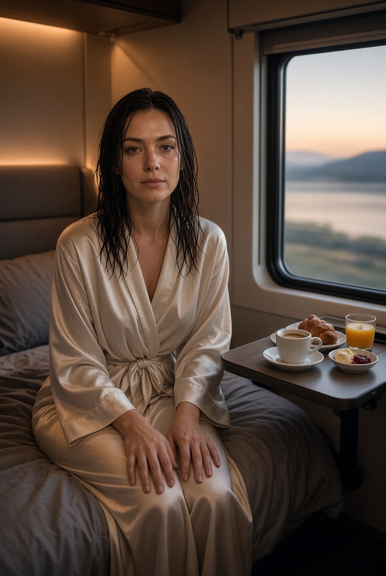 Next‑generation Nightjet Innenraum, bläuliche Beleuchtung, Reisende steigt in Zürich aus, geöffnete Kabinentür mit Duschsymbol.