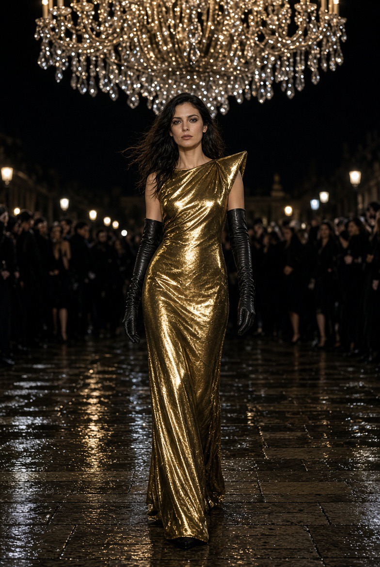 Letzte Saint Laurent‑Show von Anthony Vaccarello am Trocadéro, gold‑zu‑schwarze Schlusssequenz