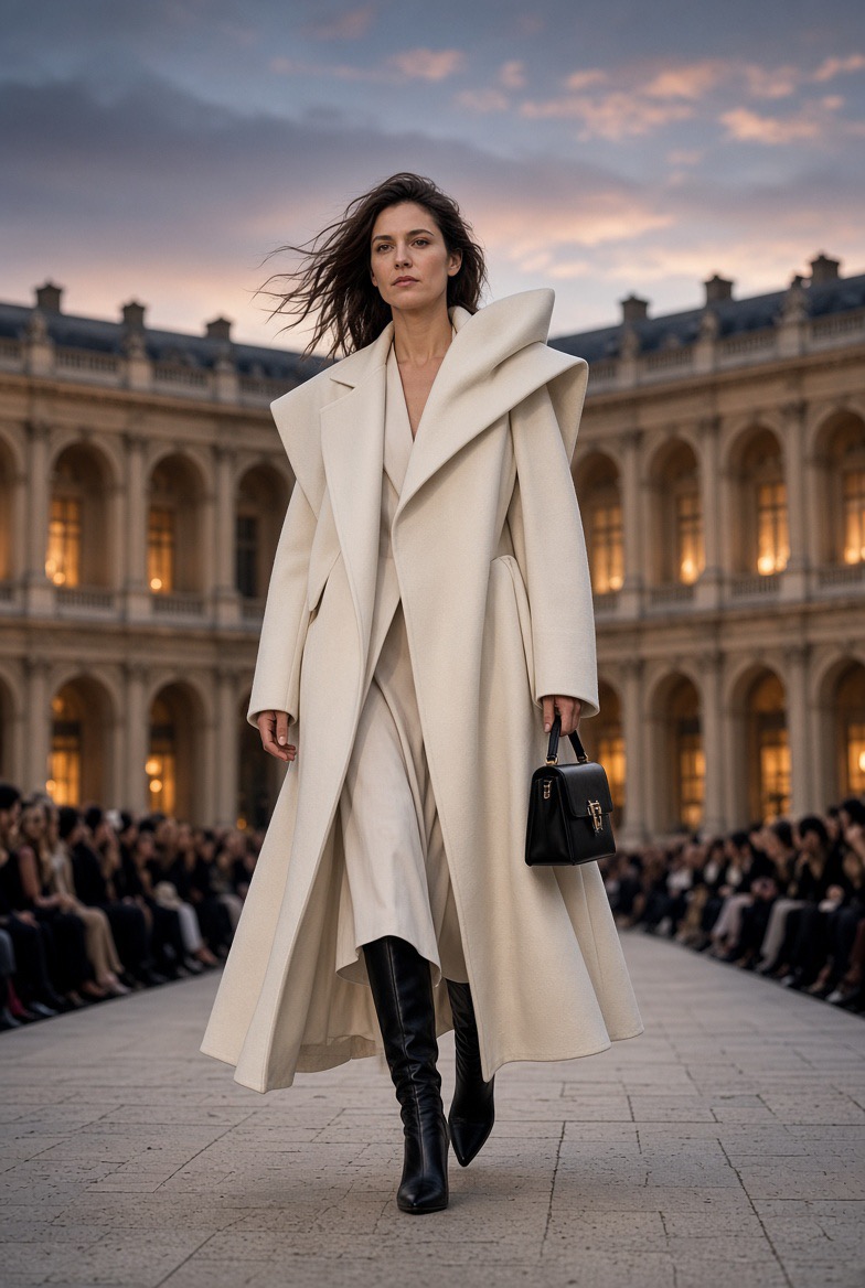 Palace‑Suite mit offenem Kleiderschrank, Louis‑Vuitton‑Einladung auf Marmor, halb gepackter Koffer, Blick auf Avenue Montaigne