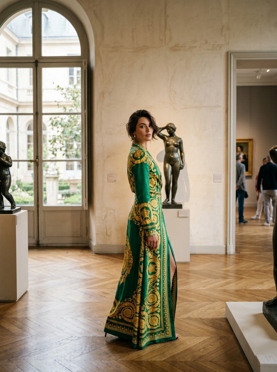 Rekonstruierter Mailänder Atelier‑Tableau im Musée Maillol mit Stoffrollen, Skizzen und großem Porträt