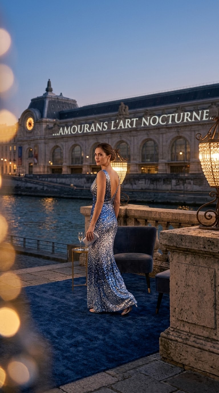 Musée d'Orsay bei Nacht mit projizierten Texten an der Seine‑Fassade, Uhr darüber, Menschen schauen vom Quai.